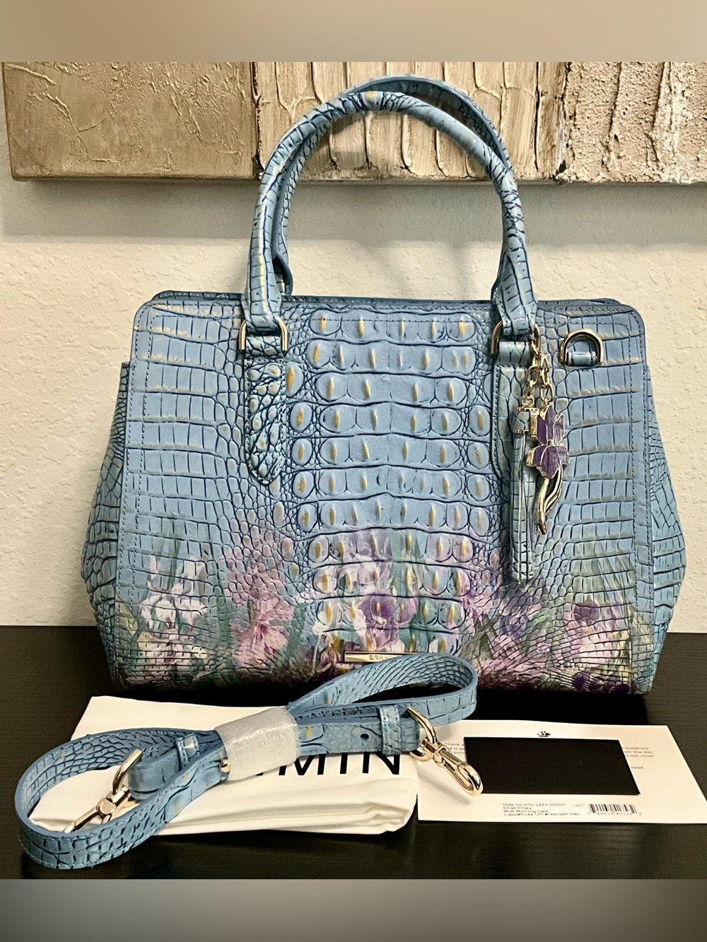 Brahmin Small Finley MULTI MORNING DEW Floral W/Inlay Flower Charm Tassel